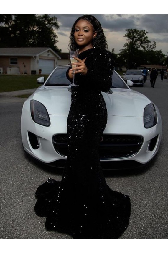 Discount One Shoulder Long Sleeves Long Sweep Train Velvet Sequin Prom Dress UK
