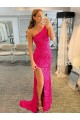 Discount One Shoulder Sleeveless Long Velvet Sequin Prom Dress with High Slit UK