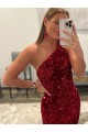 Discount Open Back One Shoulder Sleeveless Long Sweep Train Velvet Sequin Prom Dress UK