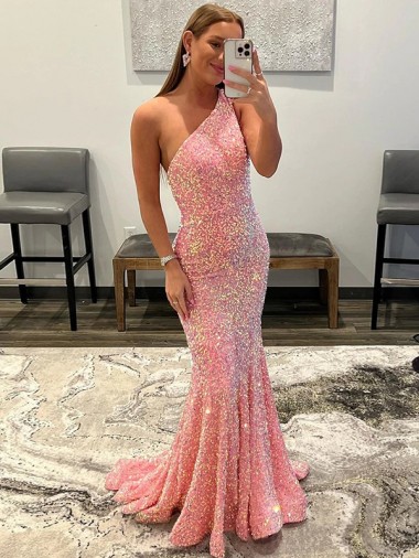 Discount Open Back One Shoulder Sleeveless Long Sweep Train Velvet Sequin Prom Dress UK