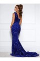 Discount Mermaid One Shoulder Sleeveless Long Court Train Velvet Sequin Prom Dress with Slit UK