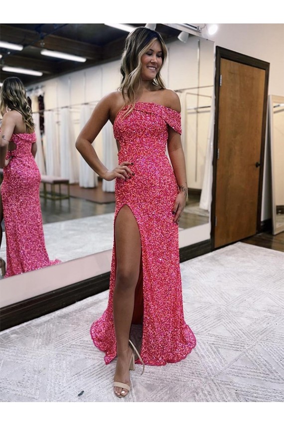 Discount One Shoulder Sleeveless Long Sweep Train Velvet Sequin Prom Dress with Side Slit UK