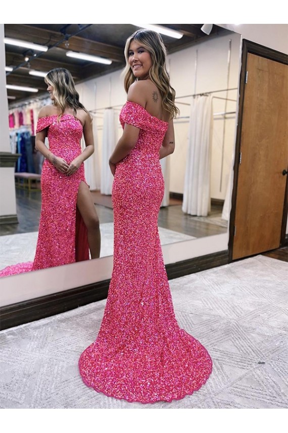 Discount One Shoulder Sleeveless Long Sweep Train Velvet Sequin Prom Dress with Side Slit UK