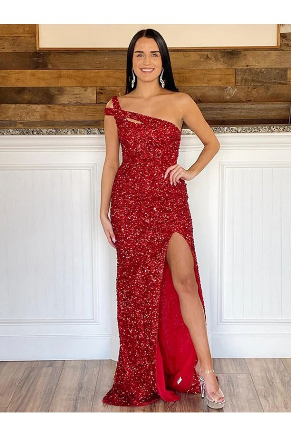 Discount One Shoulder Sleeveless Long Sweep Train Velvet Sequin Prom Dress UK