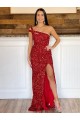 Discount One Shoulder Sleeveless Long Sweep Train Velvet Sequin Prom Dress UK
