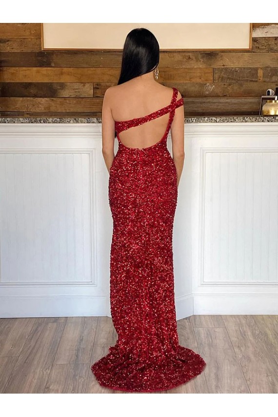 Discount One Shoulder Sleeveless Long Sweep Train Velvet Sequin Prom Dress UK