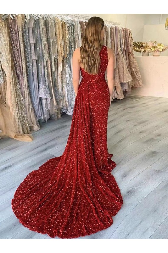 Discount One Shoulder Sleeveless Long Court Train Velvet Sequin Prom Dress with Slit UK