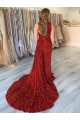 Discount One Shoulder Sleeveless Long Court Train Velvet Sequin Prom Dress with Slit UK