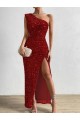 Discount One Shoulder Sleeveless Long Floor Length Velvet Sequin Prom Dress with Slit UK