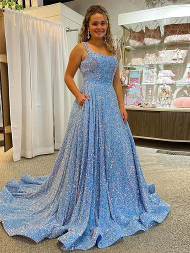 Discount A-Line Scoop Sleeveless Long Court Train Velvet Sequin Prom Dress UK