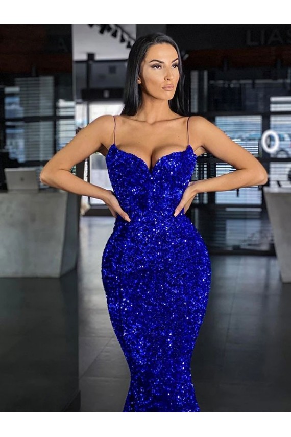 Discount Mermaid Spaghetti Straps Sleeveless Long Sweep Train Velvet Sequin Prom Dress UK