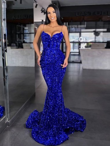 Discount Mermaid Spaghetti Straps Sleeveless Long Sweep Train Velvet Sequin Prom Dress UK