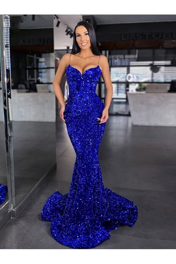 Discount Mermaid Spaghetti Straps Sleeveless Long Sweep Train Velvet Sequin Prom Dress UK