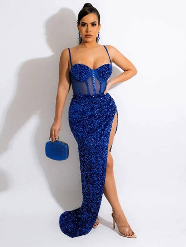 Discount Long Sweep Train Spaghetti Straps Sleeveless Velvet Sequin Prom Dress with Slit UK