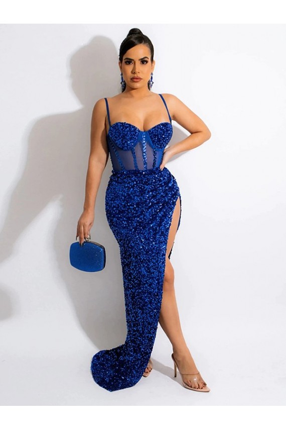 Discount Long Sweep Train Spaghetti Straps Sleeveless Velvet Sequin Prom Dress with Slit UK