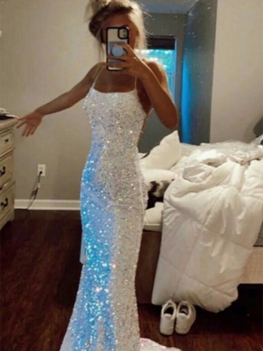 Discount Long Spaghetti Straps Sleeveless Sweep Train Velvet Sequin Prom Dress UK