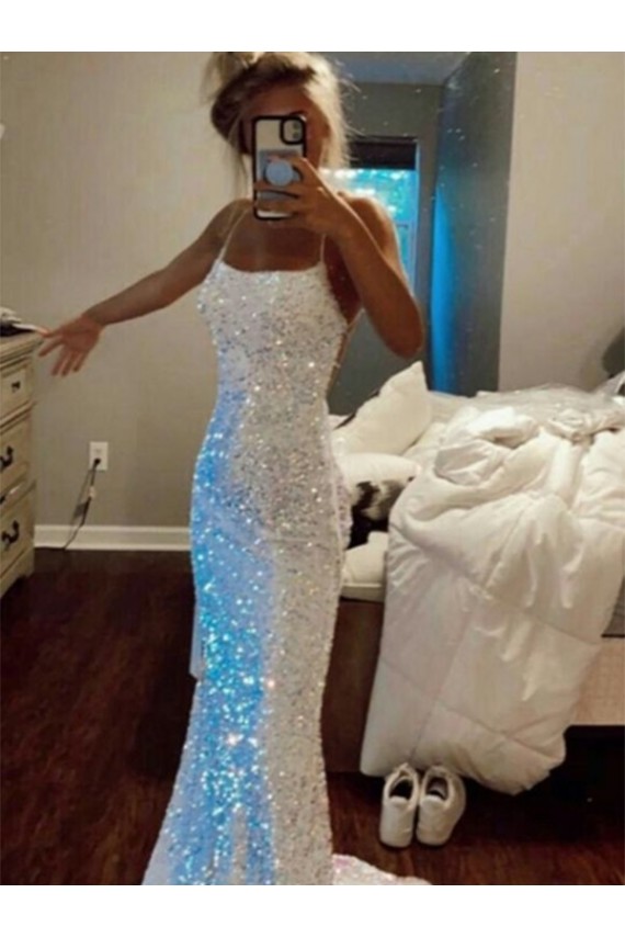 Discount Long Spaghetti Straps Sleeveless Sweep Train Velvet Sequin Prom Dress UK