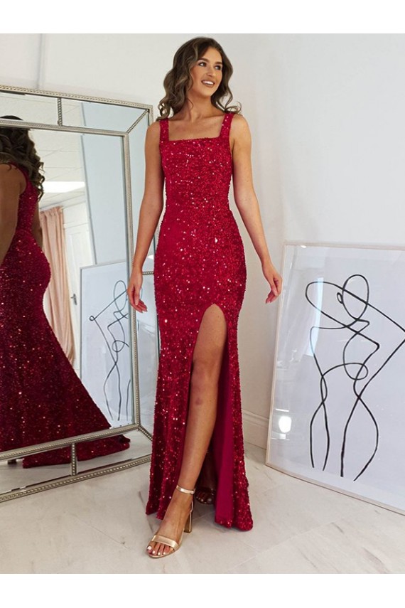 Discount Square Neck Sleeveless Long Velvet Sequin Prom Dress with Slit UK