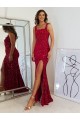 Discount Square Neck Sleeveless Long Velvet Sequin Prom Dress with Slit UK