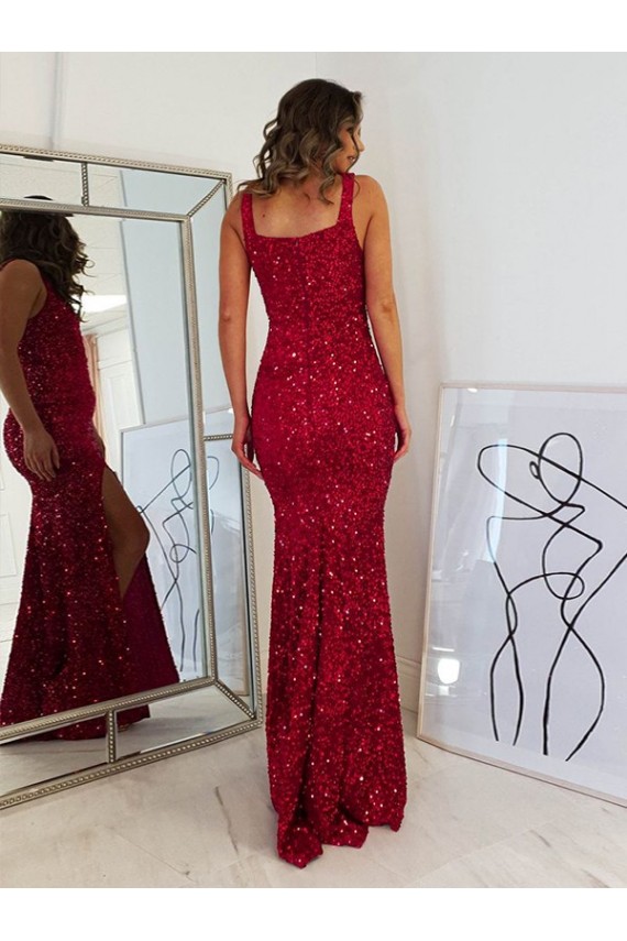 Discount Square Neck Sleeveless Long Velvet Sequin Prom Dress with Slit UK