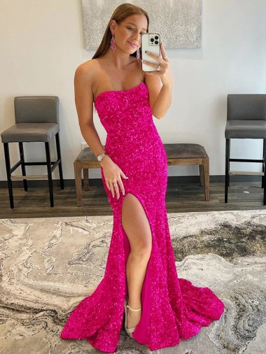 Discount Strapless Sleeveless Long Sweep Train Velvet Sequin Prom Dress with Side Slit UK