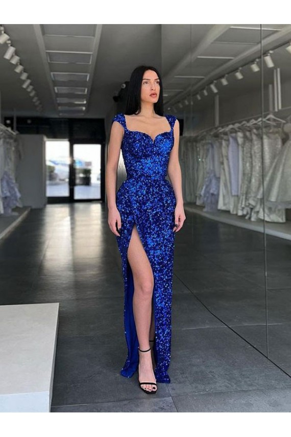 Discount Sleeveless Long Sweep Train Velvet Sequin Prom Dress with High Slit and Straps UK