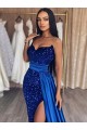 Discount Sweetheart Sleeveless Long Sweep Train Velvet Sequin Prom Dress with Slit UK