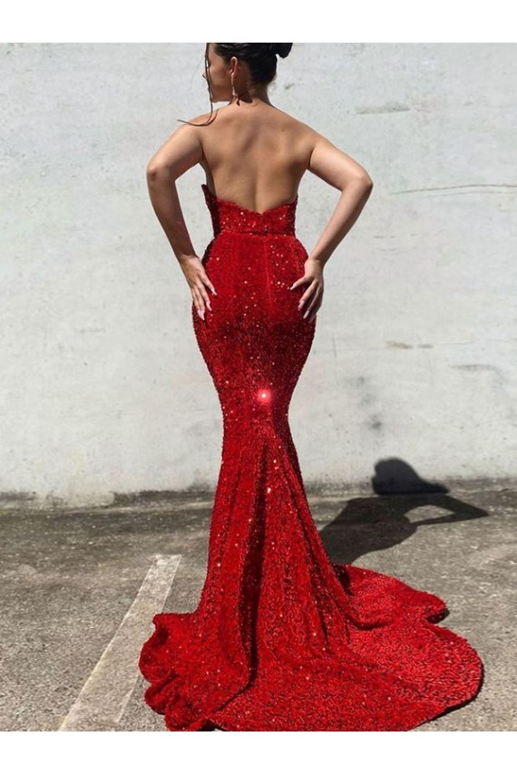 Discount Mermaid Sweetheart Sleeveless Long Court Train Velvet Sequin Prom Dress UK