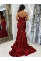 Discount Sweetheart Sleeveless Long Court Train Velvet Sequin Prom Dress UK