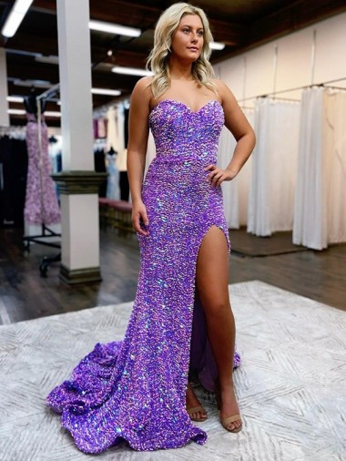 Discount A-Line Sweetheart Sleeveless Long Velvet Sequin Prom Dress with Slit UK