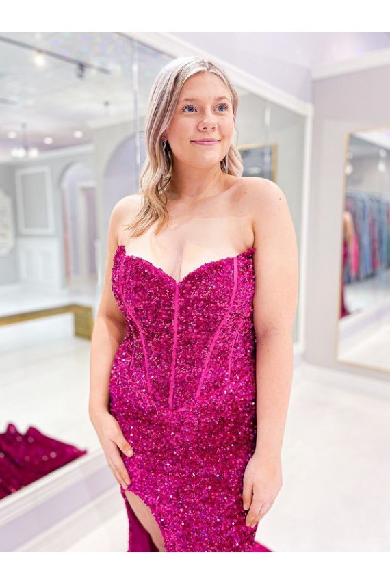 Discount Long Sweetheart Sleeveless Sweep Train Velvet Sequin Prom Dress with Slit UK