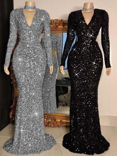 Discount V-Neck Long Sleeves Long Sweep Train Velvet Sequin Prom Dress UK