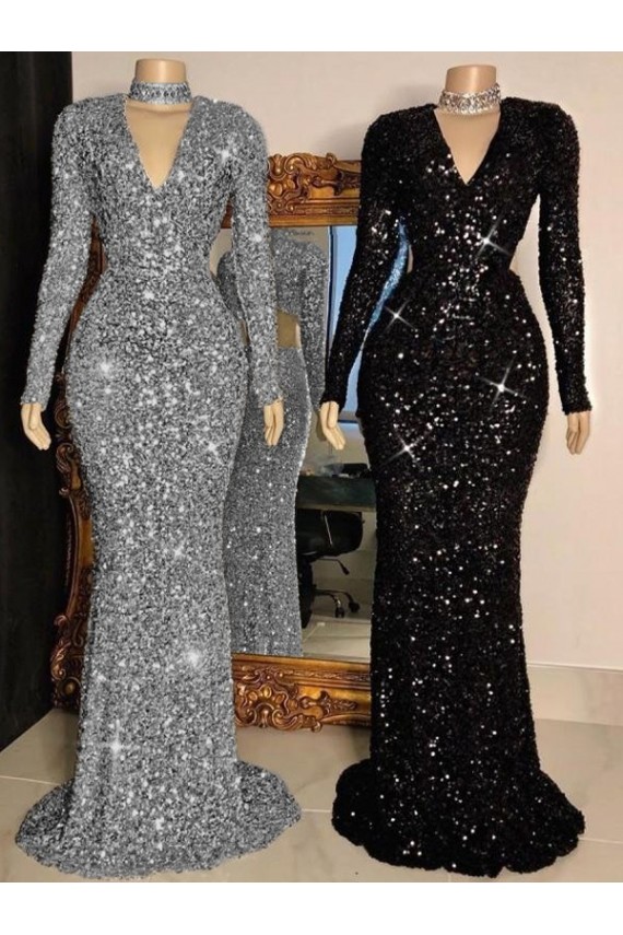 Discount V-Neck Long Sleeves Long Sweep Train Velvet Sequin Prom Dress UK