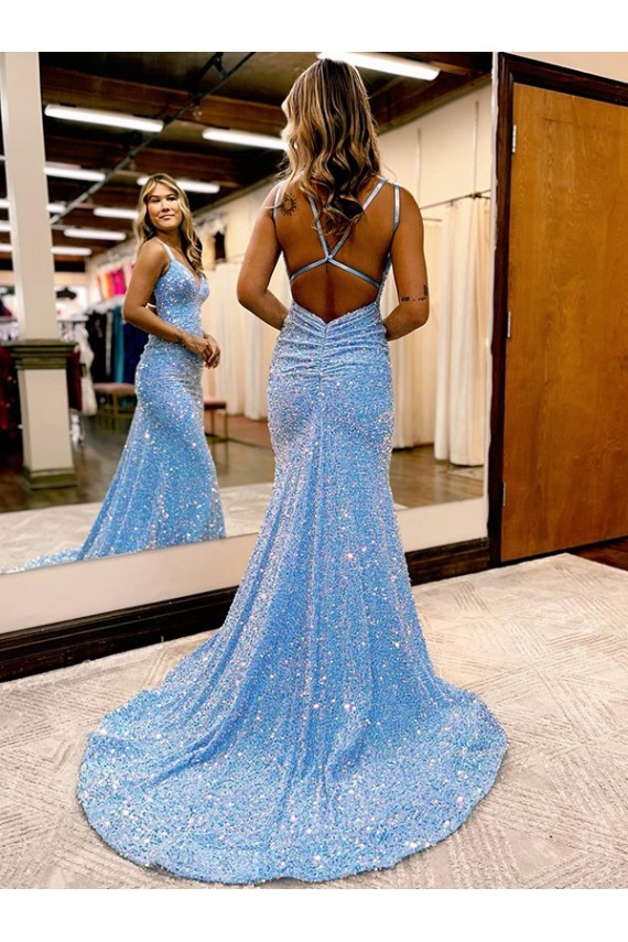 Discount Criss Cross Open Back V-Neck Sleeveless Long Velvet Sequin Prom Dress UK
