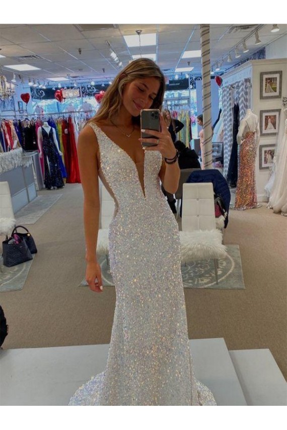 Discount V-Neck Sleeveless Long Velvet Sequin Prom Dress with Sweep Train UK