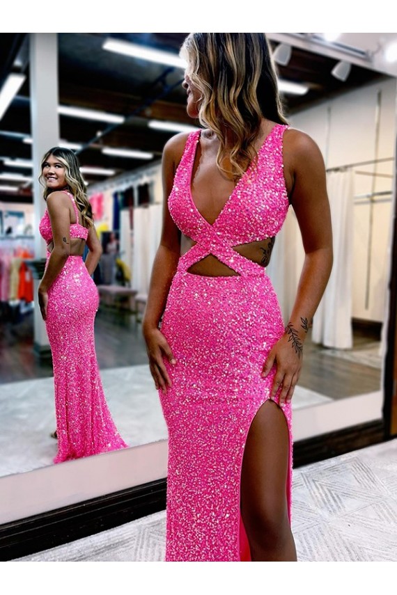 Discount Long V-Neck Sleeveless Sweep Train Velvet Sequin Prom Dress with High Slit UK