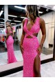 Discount Long V-Neck Sleeveless Sweep Train Velvet Sequin Prom Dress with High Slit UK