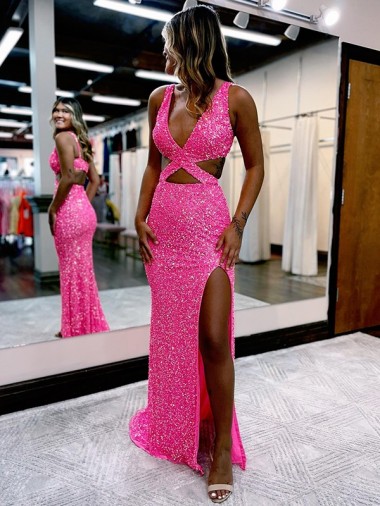 Discount Long V-Neck Sleeveless Sweep Train Velvet Sequin Prom Dress with High Slit UK