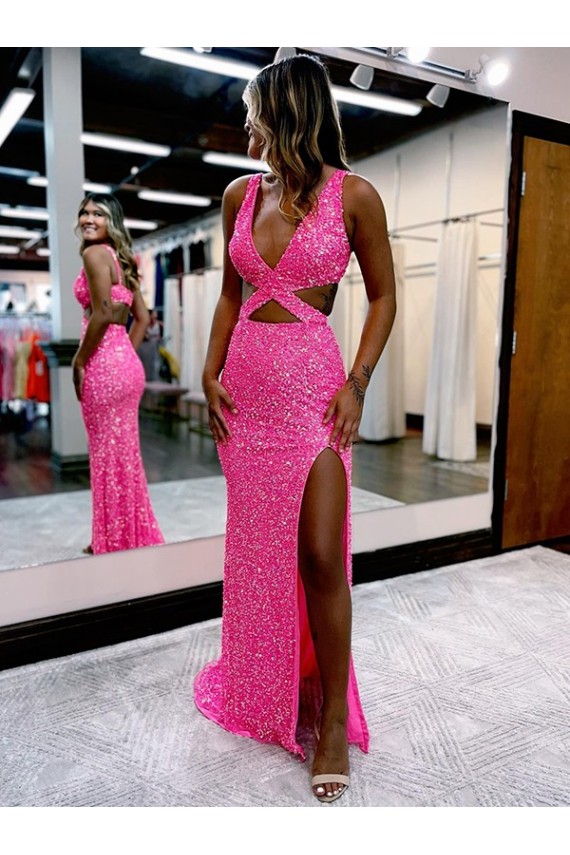 Discount Long V-Neck Sleeveless Sweep Train Velvet Sequin Prom Dress with High Slit UK
