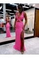 Discount Long V-Neck Sleeveless Sweep Train Velvet Sequin Prom Dress with High Slit UK