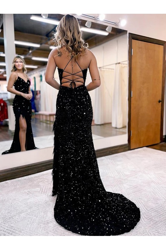 Discount V-Neck Sleeveless Long Velvet Sequin Royal Blue Prom Dress with Side Slit UK