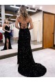 Discount V-Neck Sleeveless Long Velvet Sequin Royal Blue Prom Dress with Side Slit UK