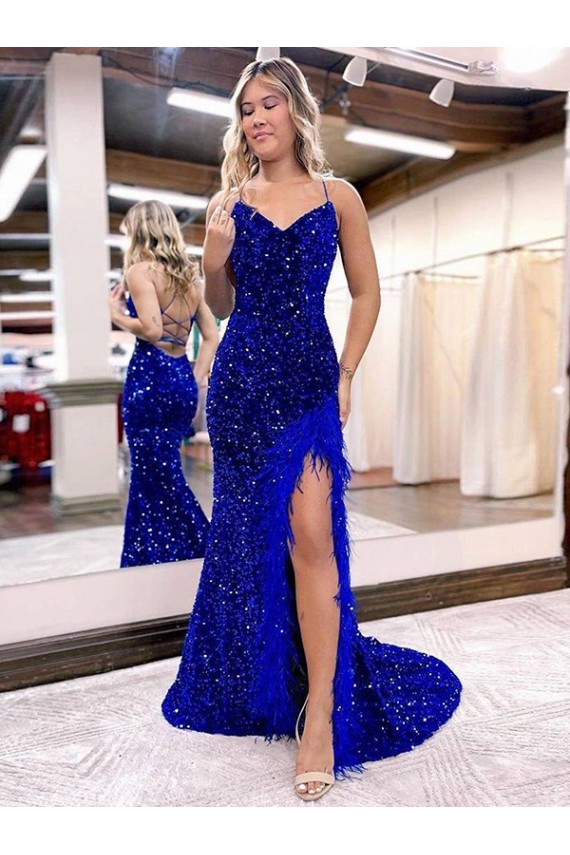 Discount V-Neck Sleeveless Long Velvet Sequin Royal Blue Prom Dress with Side Slit UK