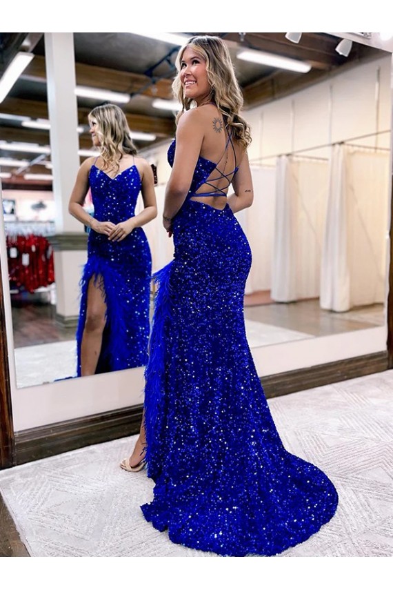 Discount V-Neck Sleeveless Long Velvet Sequin Royal Blue Prom Dress with Side Slit UK