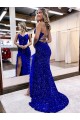 Discount V-Neck Sleeveless Long Velvet Sequin Royal Blue Prom Dress with Side Slit UK