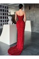 Discount V-Neck Sleeveless Long Sweep Train Velvet Sequin Prom Dress with High Side Slit UK