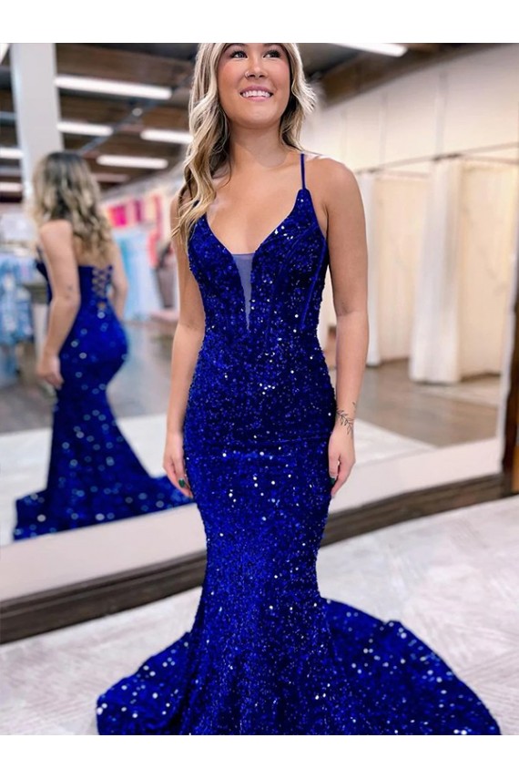 Discount Mermaid V-Neck Sleeveless Long Court Train Velvet Sequin Prom Dress UK
