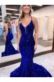 Discount Mermaid V-Neck Sleeveless Long Court Train Velvet Sequin Prom Dress UK