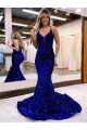 Discount Mermaid V-Neck Sleeveless Long Court Train Velvet Sequin Prom Dress UK