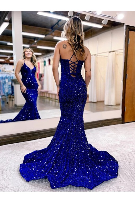 Discount Mermaid V-Neck Sleeveless Long Court Train Velvet Sequin Prom Dress UK